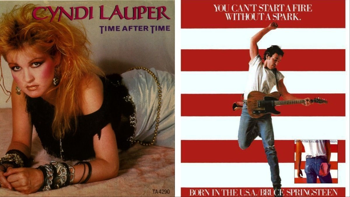 Cyndi Lauper Time after Time single cover, and promo art for Bruce Springsteen's Born in the U.S.A.