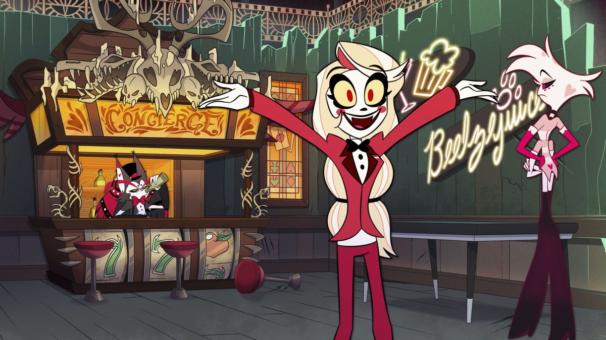 The hotel lobby at the Hazbin Hotel. There are three figures, all with painted white faces. Charlie Morningstar holds her arms out while wearing a red suit, Husk drinks behind the concierge desk, and Angel Dust stands with his hands on his hips. A sign says “Beelzejuice.”