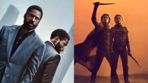 Two images of John David Washington in a silver suit, one where he has a mas on, in a poster from Tenet split with a poster of Paul holding up a blade next tto Chani against an orange sky in a poster from Dune: Part Two