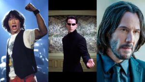 Keanu Reeves' iconic roles in the Bill & Ted film, The Matrix, and John Wick.