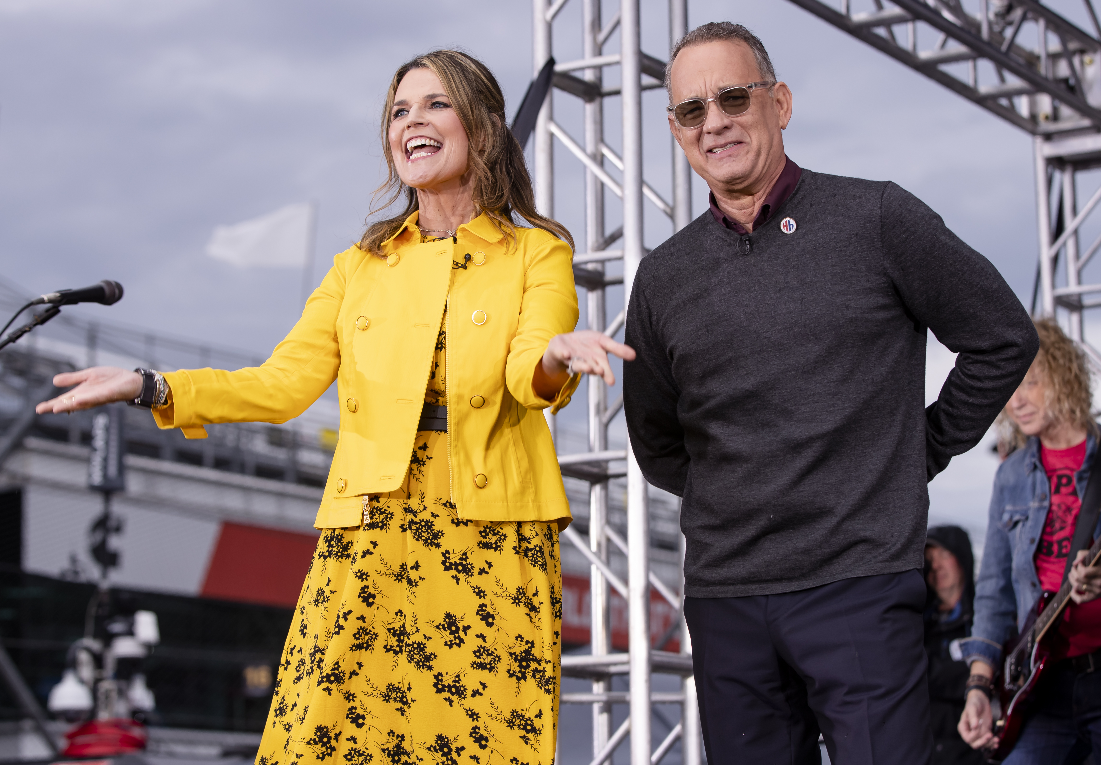 Dylan shared a sweet off-camera story about meeting Tom Hanks (pictured here with Savannah Guthrie) on Today when she was pregnant with her first child