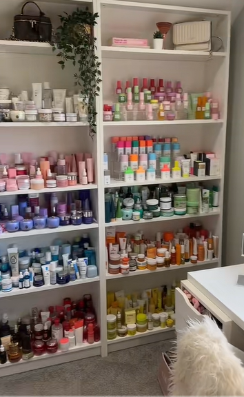 Every beauty product you can think of stacked neatly and beautifully colour coordinated