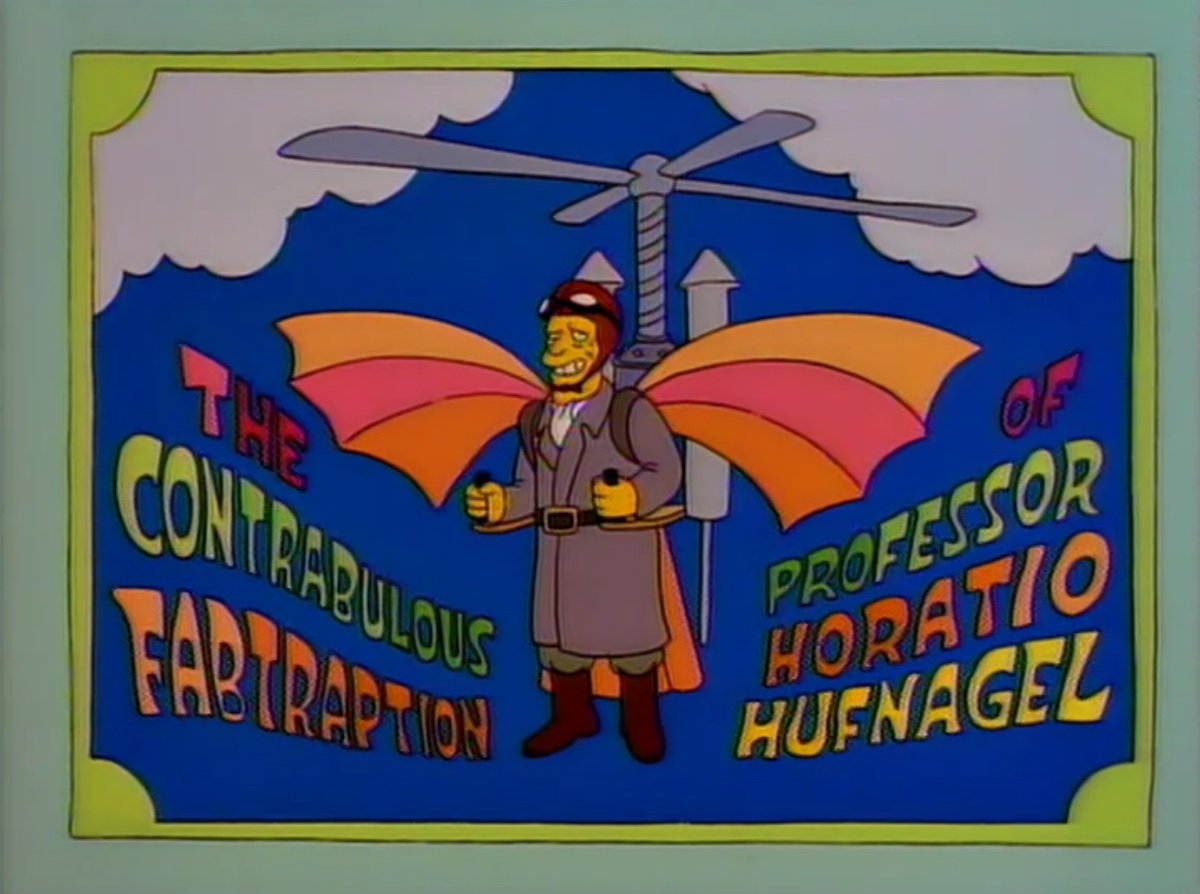 Troy McClure on a colorful movie poster wearing helicopter headgear on The Simpsons