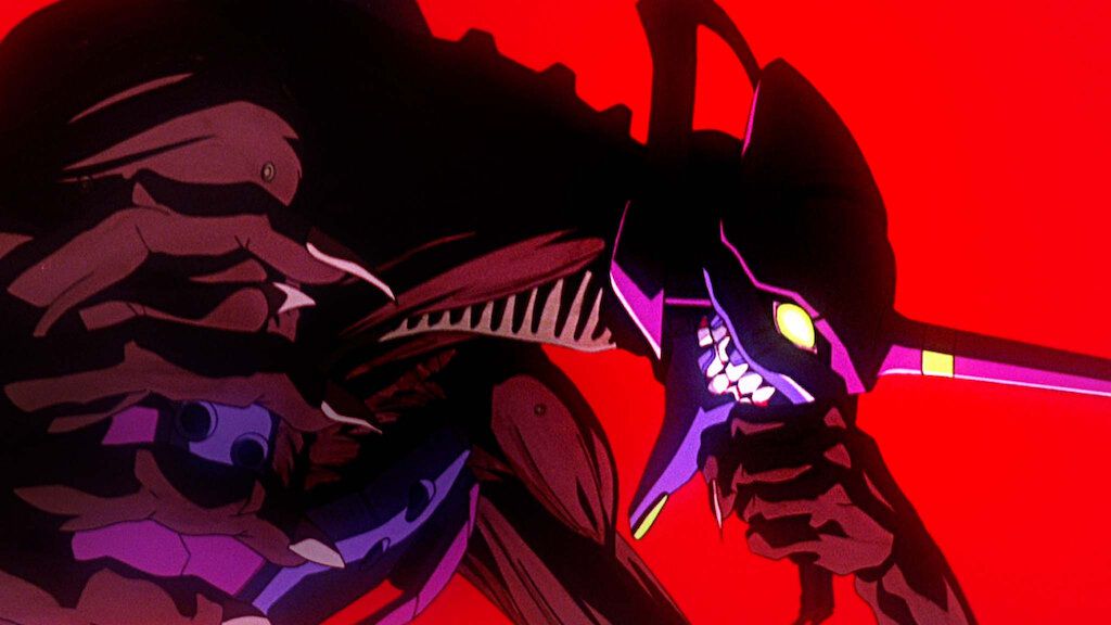 A demonic-looking Eva Unit 01 bites the head off a body clutched in its hands in The End of Evangelion.