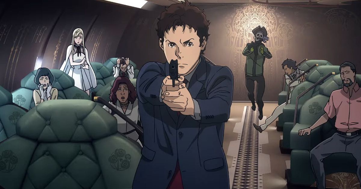Hathaway Noa aims a firearm aboard a spacecraft in Mobile Suit Gundam Hathaway