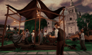 A character with an old-fashioned camera takes a picture of Mexicans dancing in costume under an awning in a square under clouds