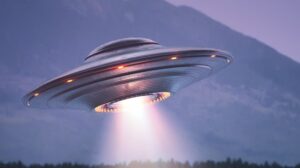 Unidentified Flying Object UFO over mountain forest
