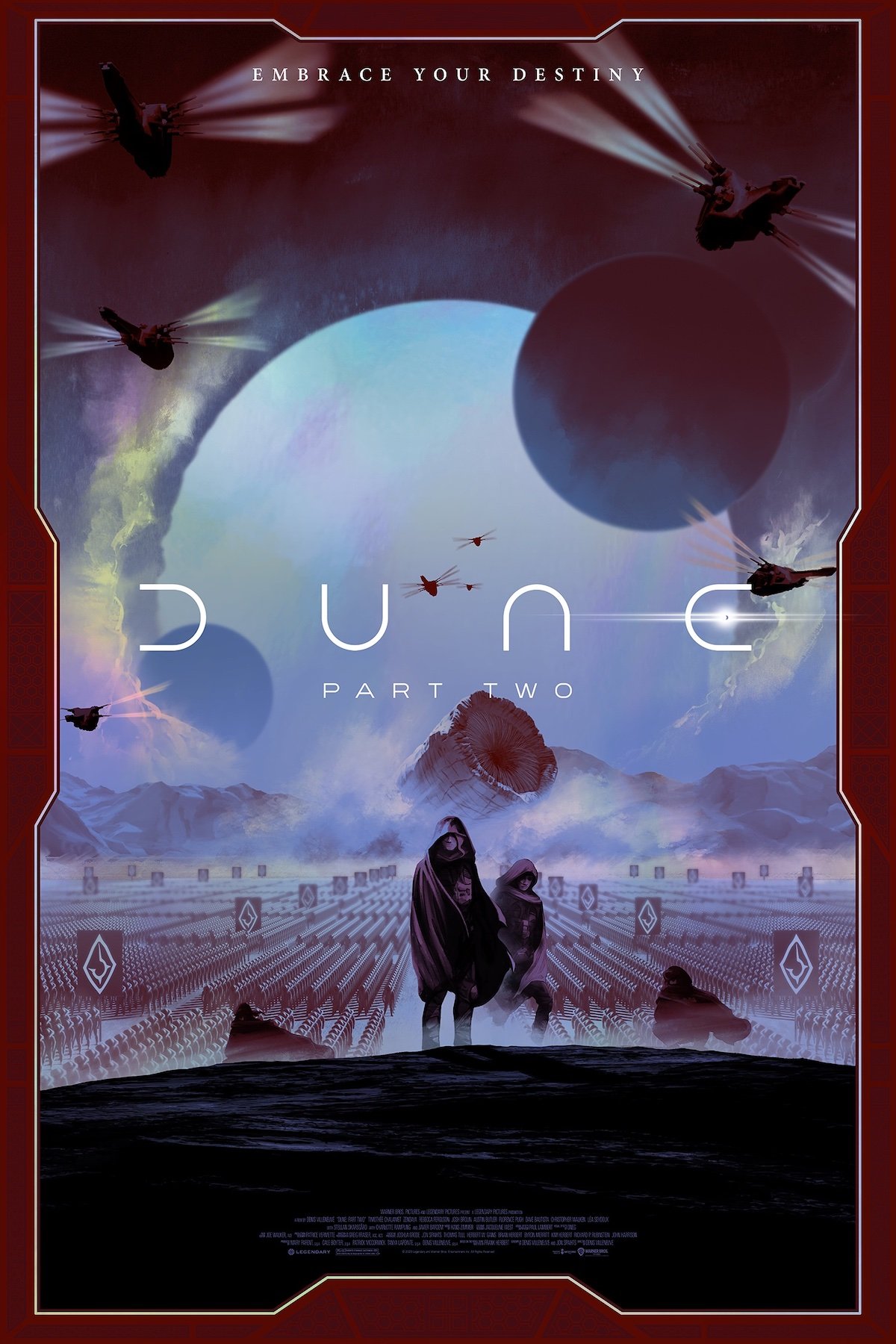 A purple Dune: Part Two print showing Paul and Chani center with an army, sand worm, and ornithopters behind them, from Bottleneck Gallery