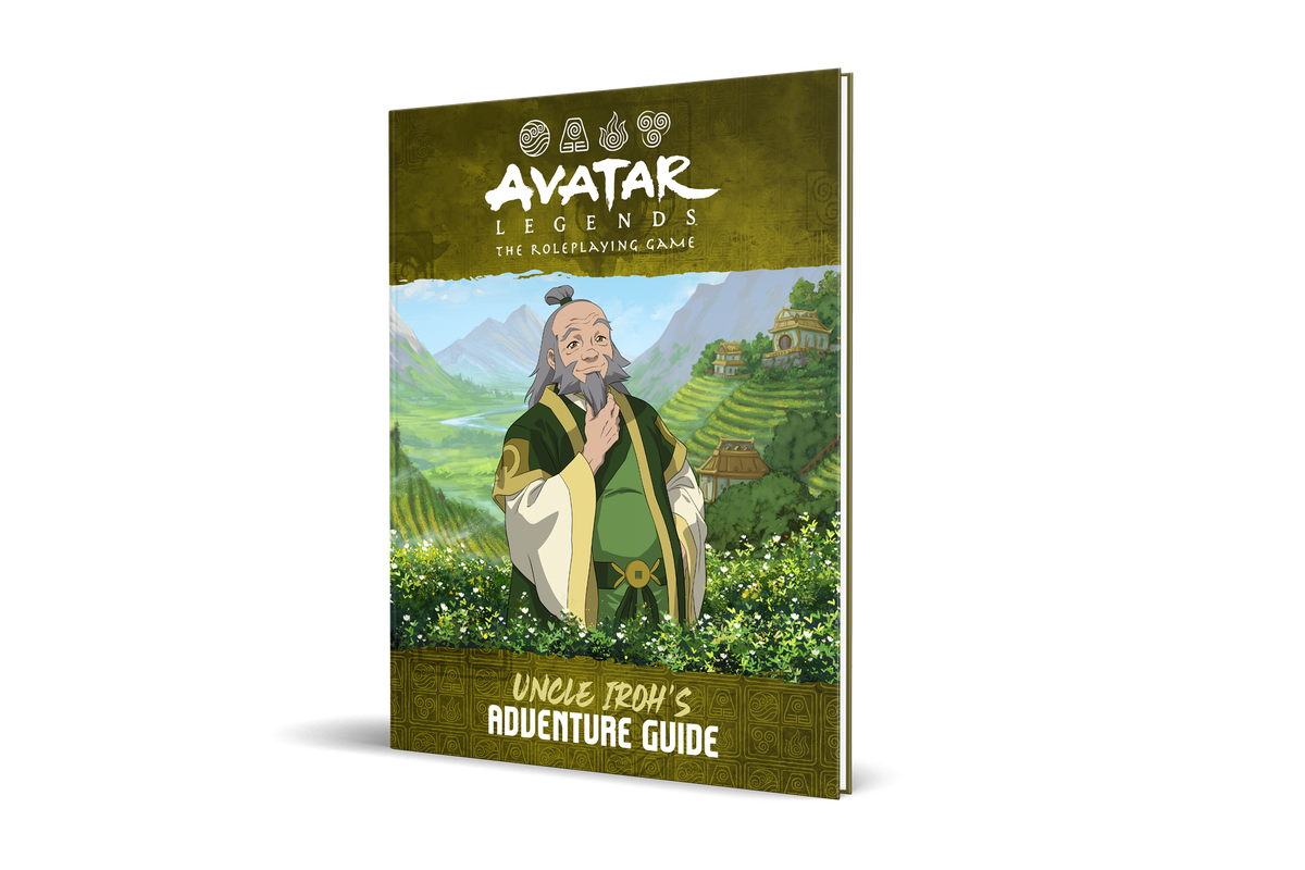 A mockup of Uncle Iroh’s Adventure Guide, a source book from Avatar Legends: The Roleplaying Game, featuring Uncle Iroh stroking his beard in a field of jasmine on the cover. 