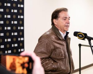 Alabama head coach Nick Saban takes questions during the College Football Playoff National Championship team arrivals at Indianapolis Airport on Friday, Jan. 7, 2022, in Indianapolis.