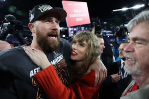 Kelce celebrates with Swift after a 17-10 victory against the Baltimore Ravens in the AFC Championship Game on Jan. 28.