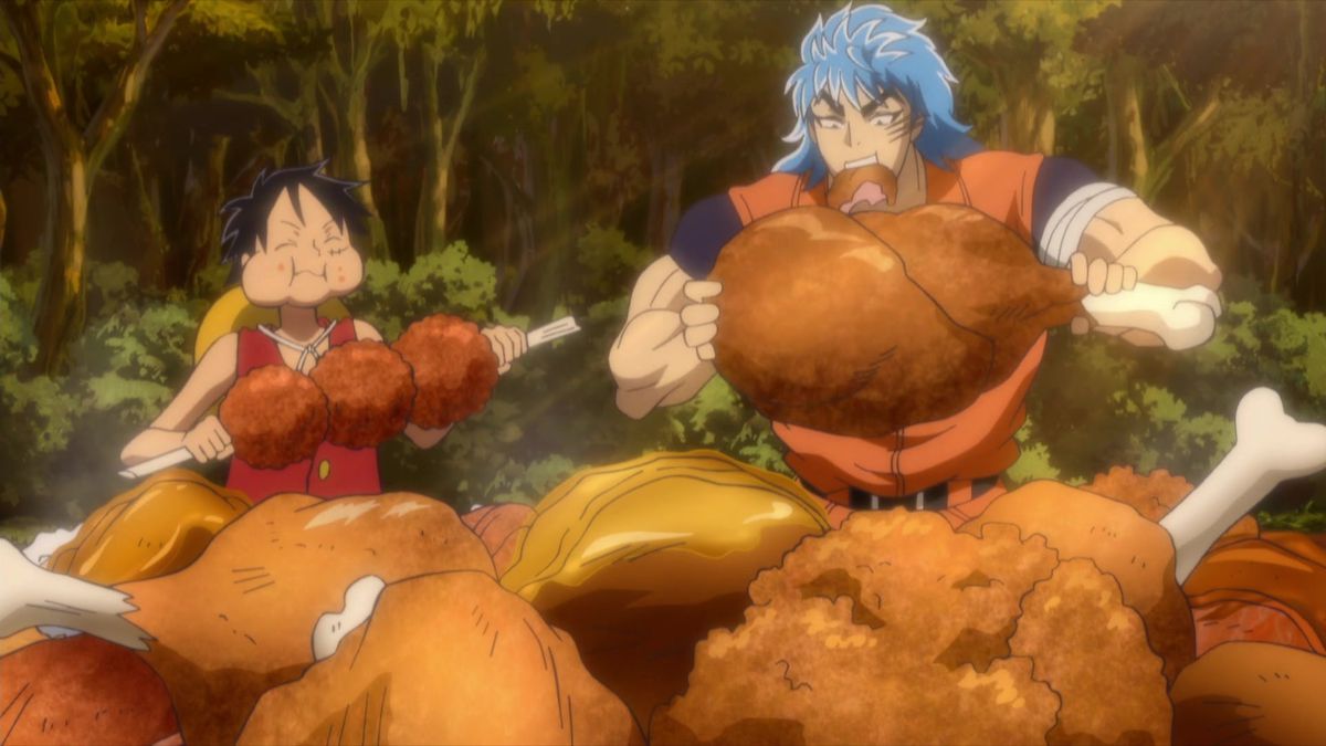 A black-haired anime boy in a red vest with a straw hat biting down on a kabob of meat next to a large, blue-haired anime man in an orange tracksuit eating a large drumstick.