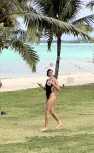 Hailey Bieber showed off her incredible figure in a skimpy black swimsuit in a new video