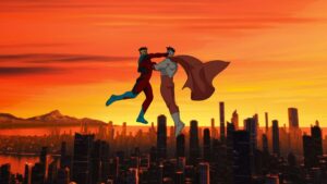 A still from Invincible of two superheroes fighting in the sky with a sunset and cityscape behind them