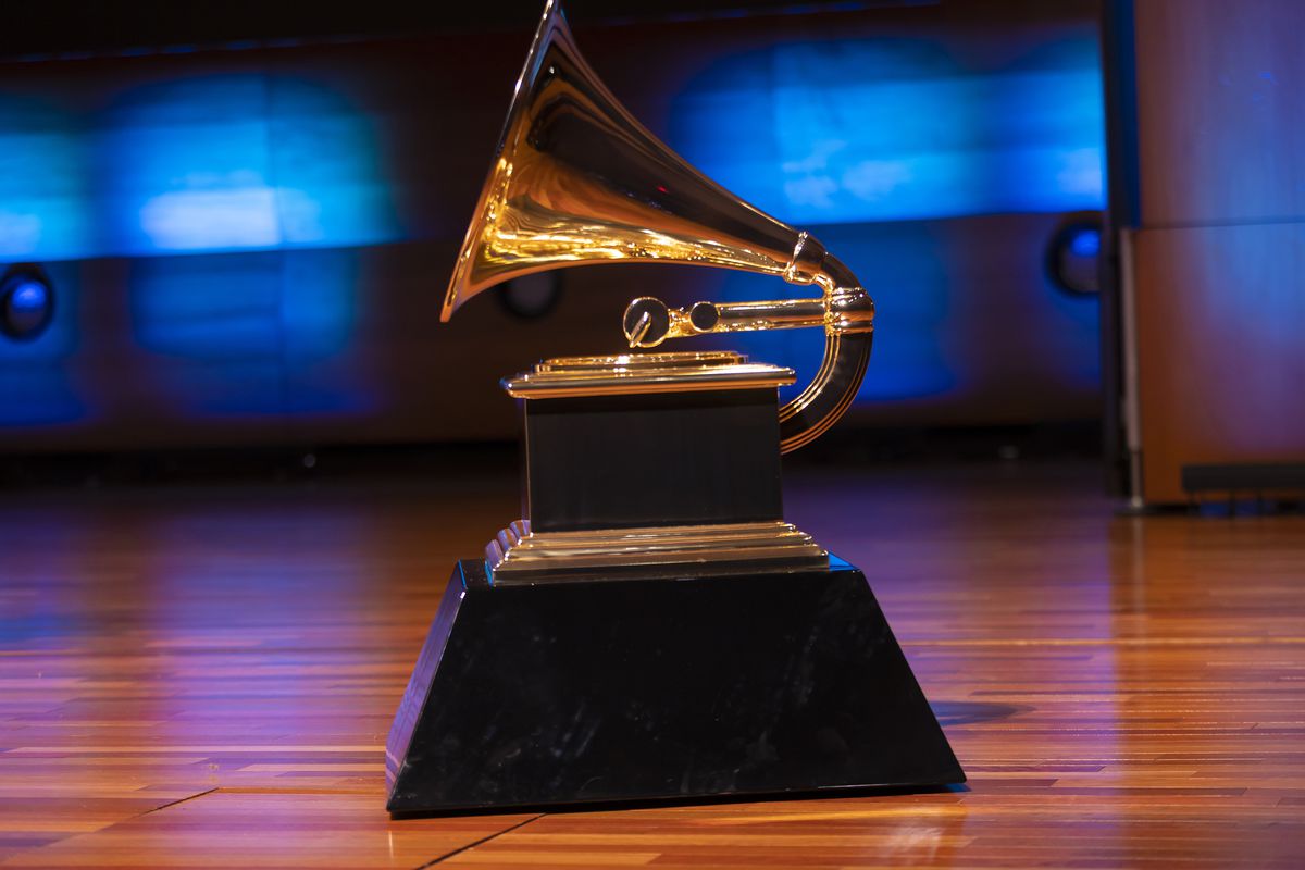 A close up of a Grammy trophy