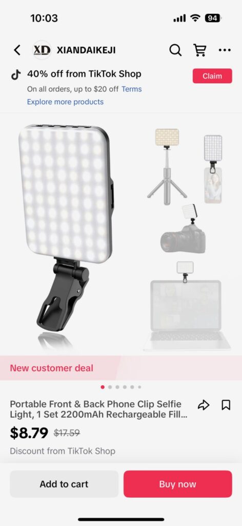 The light is now on sale from the TikTok shop for just under $9