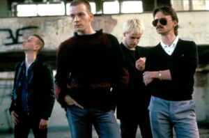Trainspotting, 1996 (l-r): Ewen Bremner (Spud), Ewan McGregor (Renton), Jonny Lee Miller (Sick Boy) and Robert Carlyle (Begbie).