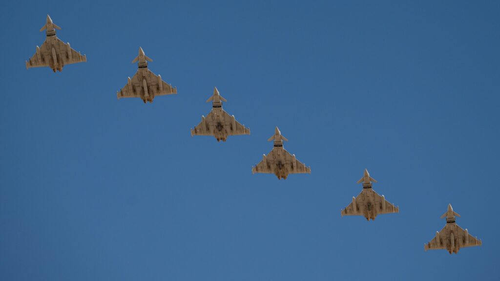 Six Royal Air Force FGR-4 Typhoons prepare to land for Red Flag Las Vegas