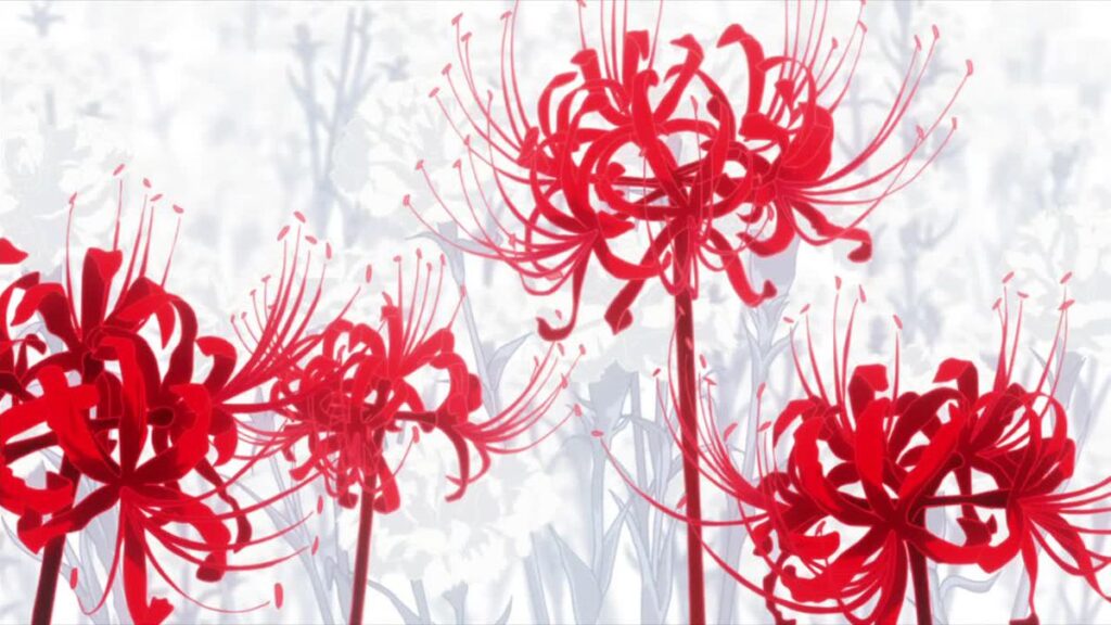 Four red spider lilies appear upon a white background of other flowers in a shot from the anime Tokyo Ghoul.