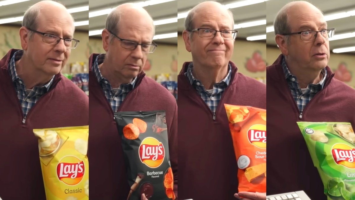 Four similar images of Stephen Tobolowsky in a red sweater holding different bags of Lay's Potato Chips