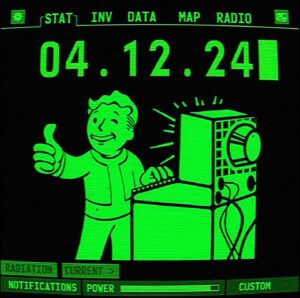 A Pip-Boy interface from the Fallout series advertises the release date of Fallout for Prime Video, 04.12.24
