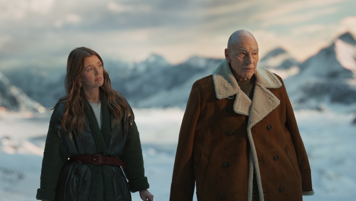 Patrick Stewart and Drew Barrymore get silly in the icy foot of Paramount Mountain in new Paramount+ Super Bowl ad.