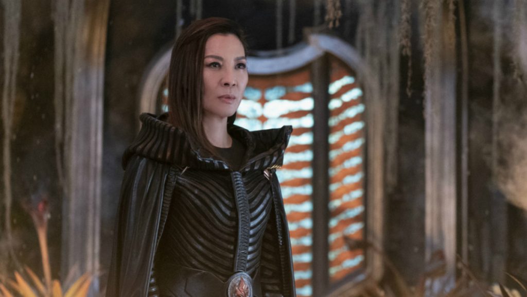 Michelle Yeo as Emperor Georgiou in a stylish outfit on Star Trek: discovery