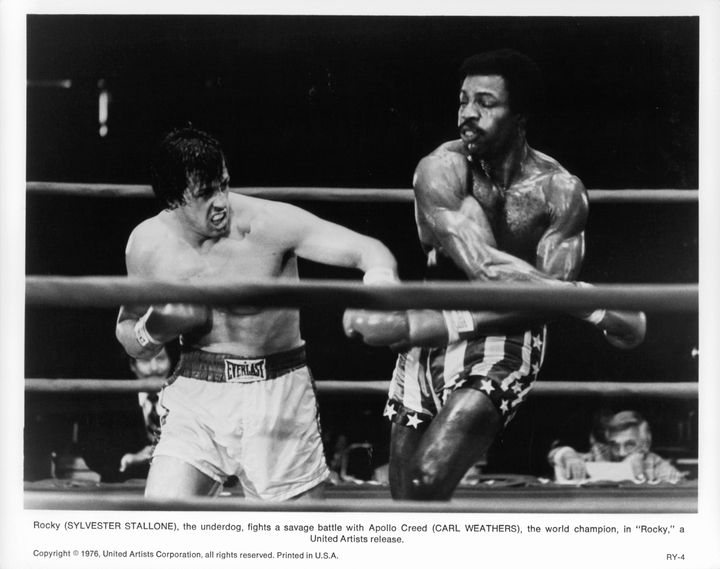 Sylvester Stallone boxes Carl Weathers in a scene from the film 'Rocky', 1976. (Photo by United Artists/Getty Images)