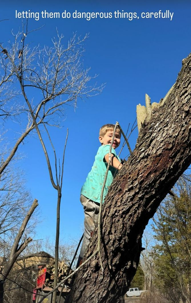She shared a video of her son climbing a big tree