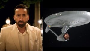 Nicolas Cage in the Ubearable Weight of Massive Talent (L) and the iconic Enterprise from Star Trek (R)