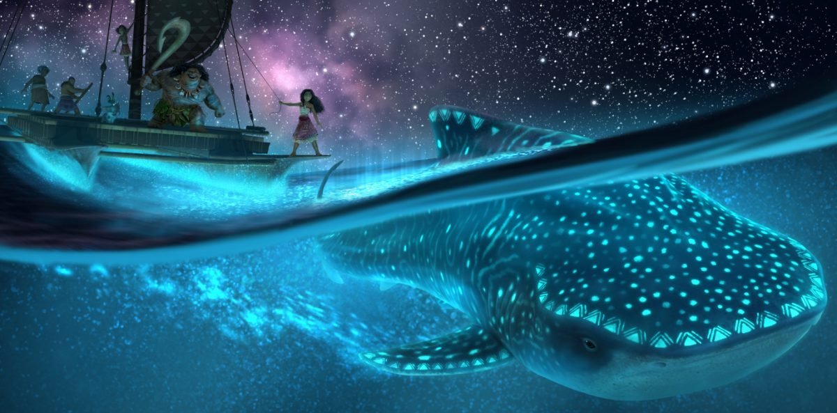 First look at Moana 2 shows Maui and Moana on a boat looking at a glowing whale