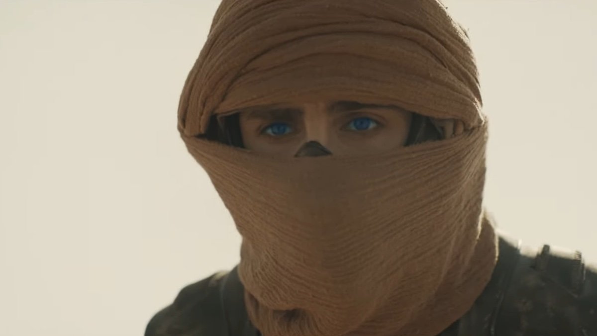 Paul Atreides wearing a head scarf wrapped around everything but his eyes in Dune: Part Two