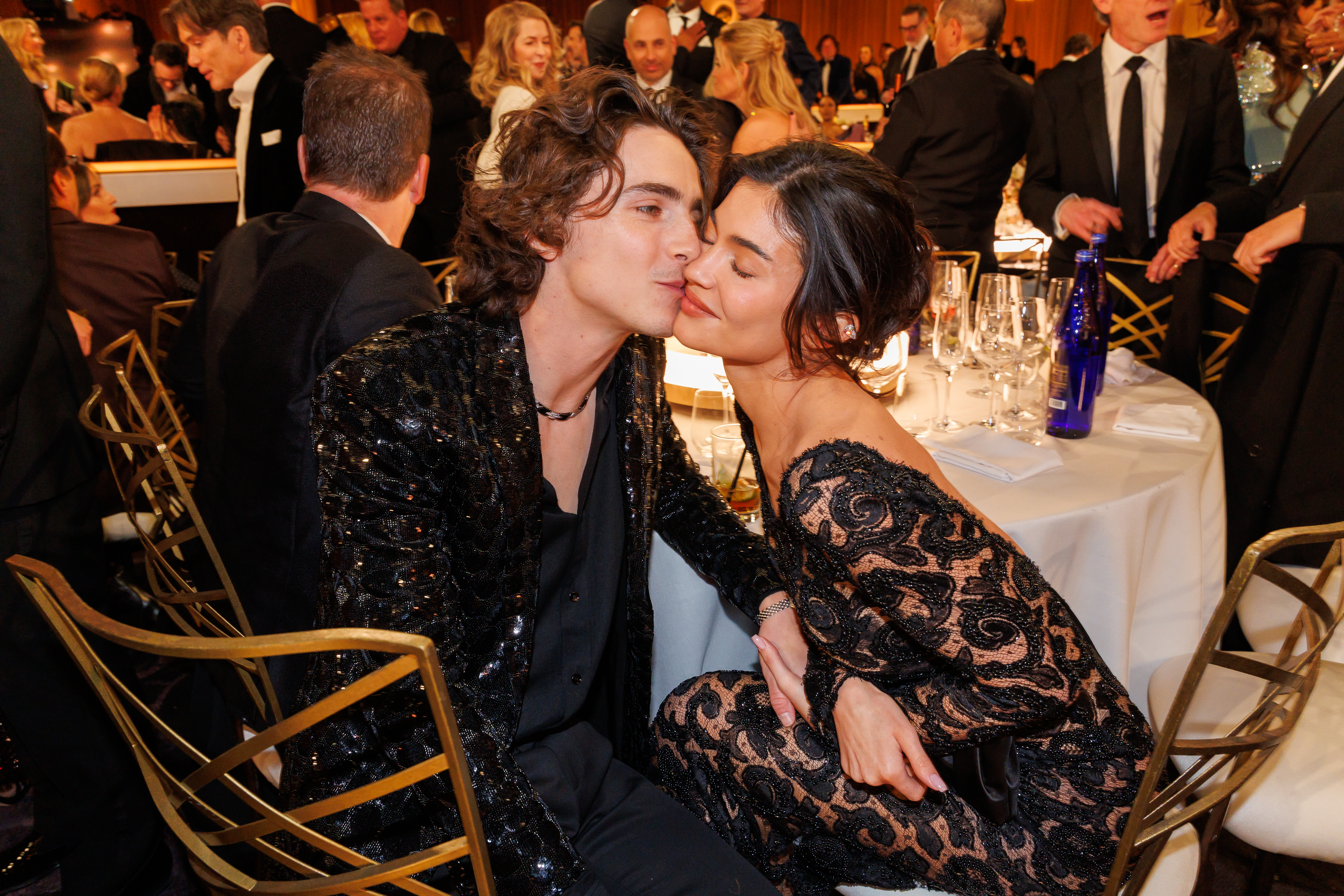 Timothée Chalamet pictured with Kylie Jenner at an event in January 2024