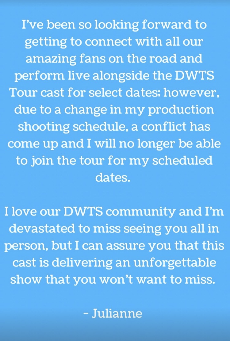 The DWTS host said that a conflict with her shooting schedule for an unknown project got in the way of her tour dates