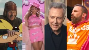 Patrick Stewart as an old-time football player holding Hey Arnold's head, Beyonce dressed as a pink Barbie, Christopher Walken, and Ben Affleck screaming in an orange Dunkin Donuts track suit