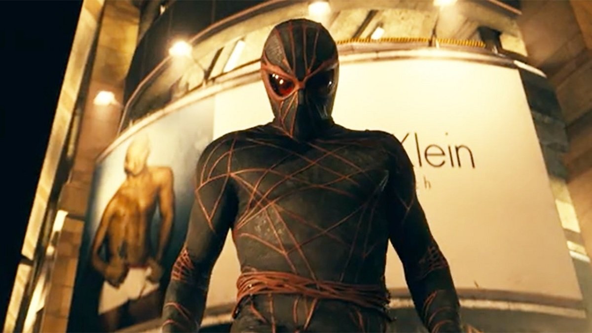 Ezekiel Sims (Tahar Rahim) in an evil Spider-Man suit in the movie Madame Web.