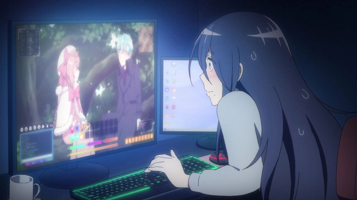 A dark-haired woman looks at two video game characters having an intimate moment on screen