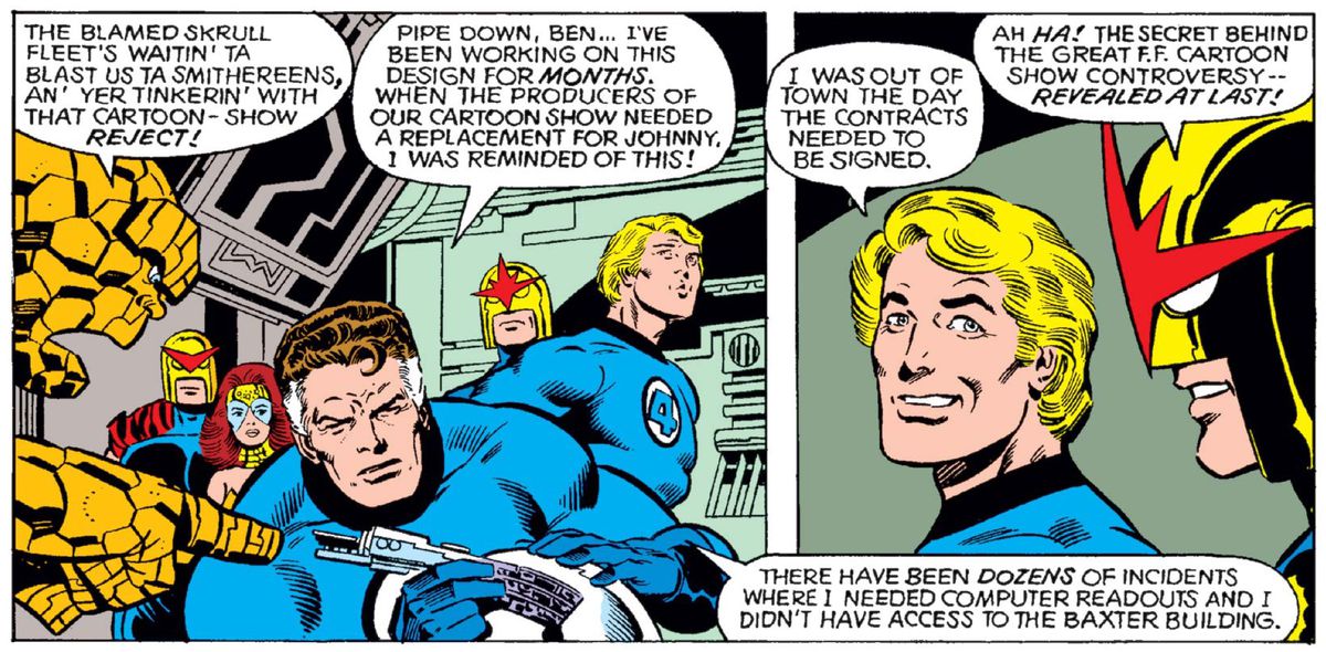 Two panels from Fantastic Four #209 feature Reed Richards and Johnny Storm explaining the creation of HERBIE to The Thing and Nova.