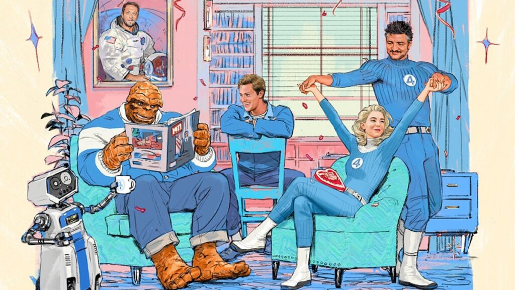 A drawing of the MCU's Fantastic Four cast sitting and hanging out in a good mood on a couch