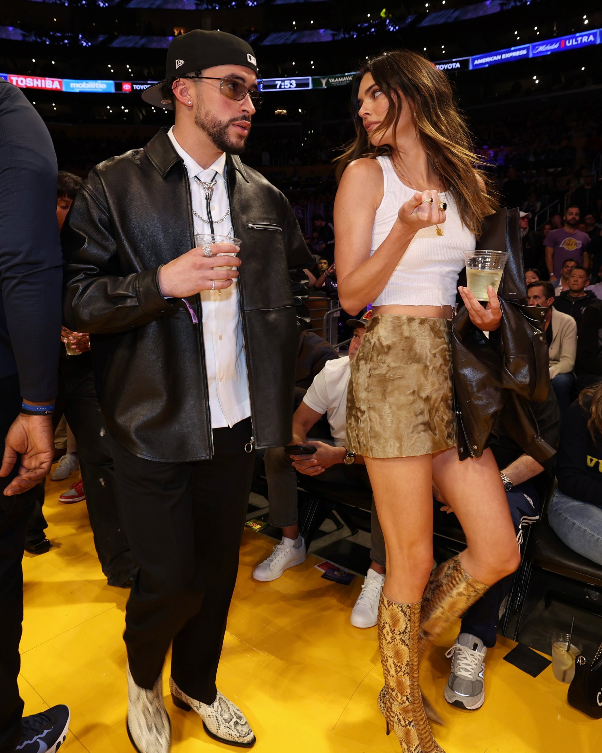 Bad Bunny and Kendall Jenner at the 2023 NBA Playoffs between Golden State Warriors and the Los Angeles Lakers on May 12, 2023, in Los Angeles, California