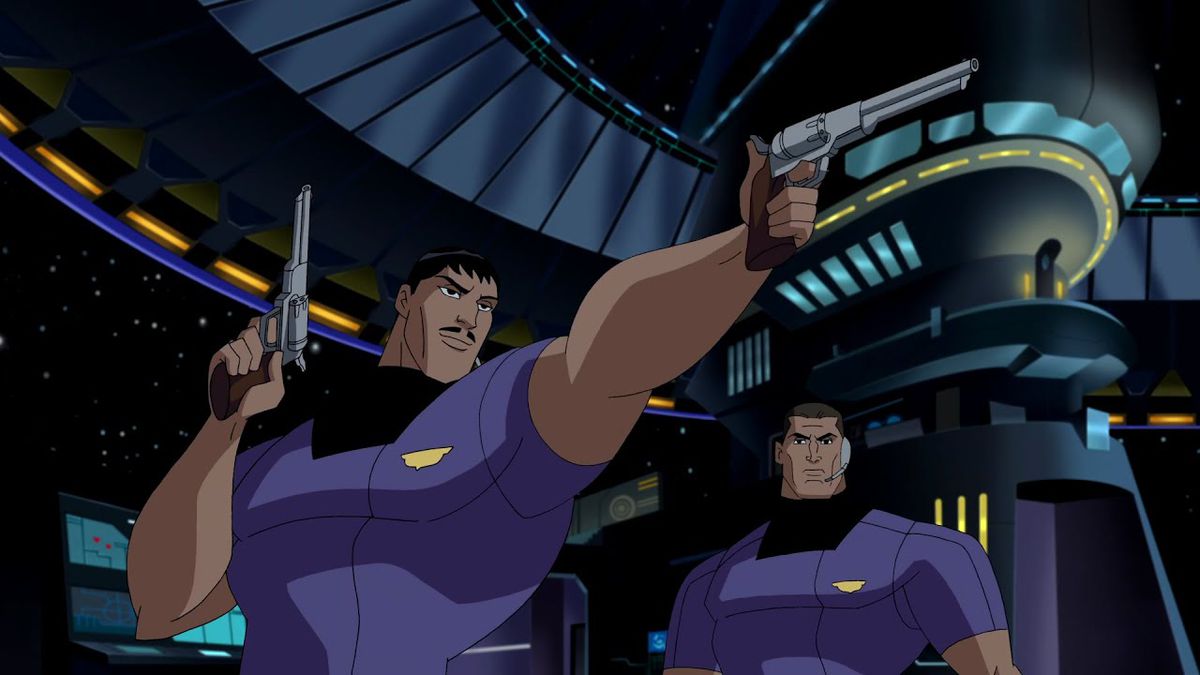 A man in a purple shirt aiming two revolvers beside another man in a purple shirt.