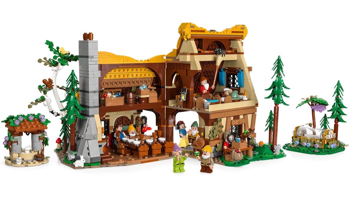 LEGO's Snow White and the Seven Dwarves Cottage set open and fully built as seen from the inside