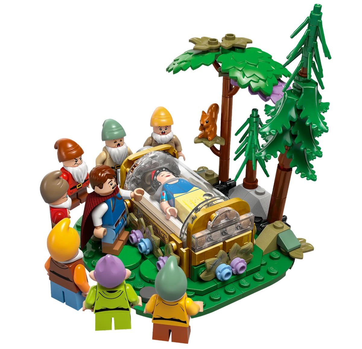 LEGO Snow White in a sleeping chamber surrounded by trees and the Seven Dwarves