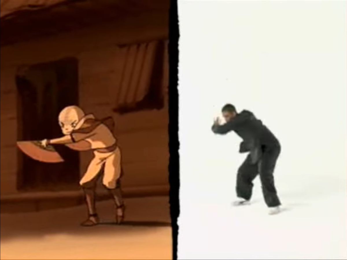 Sifu Kisu makes a circular airbending motion, next to Aang in ATLA making the same motion