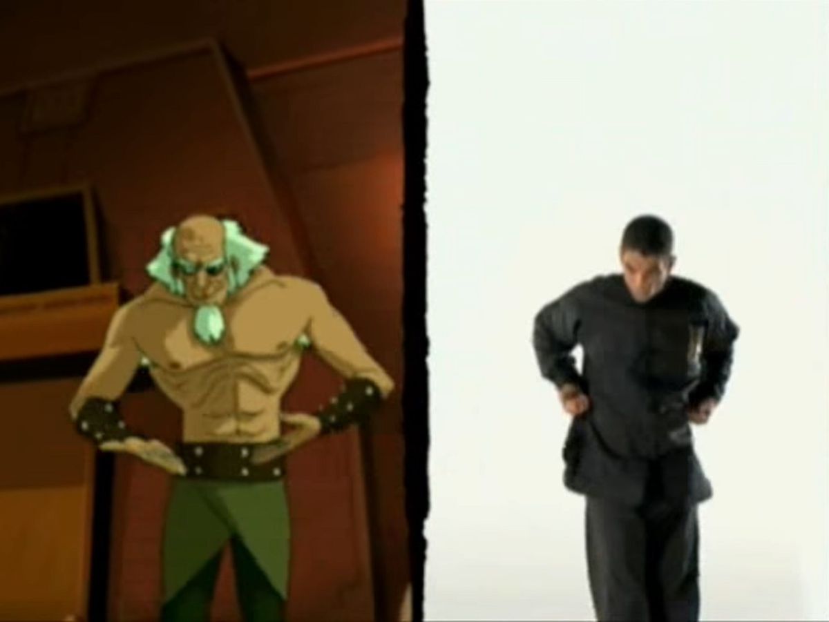 Sifu Kisu holds a strong earth-bending pose, side-by-side with Bumi holding the same pose in ATLA