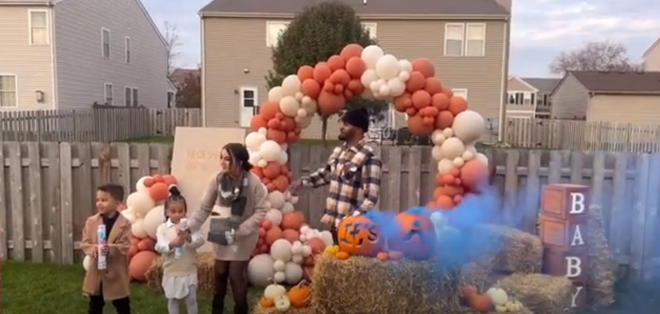 At their pumpkin-themed gender reveal party, the couple is expecting a baby boy