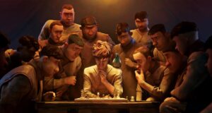 A group of men crowd over a chess board in the animated "War Is Over! Inspired by the Music of John & Yoko."
