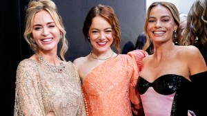 (L to R) Emily Blunt, Emma Stone and Margot Robbie attend the BAFTA Film Awards 2024