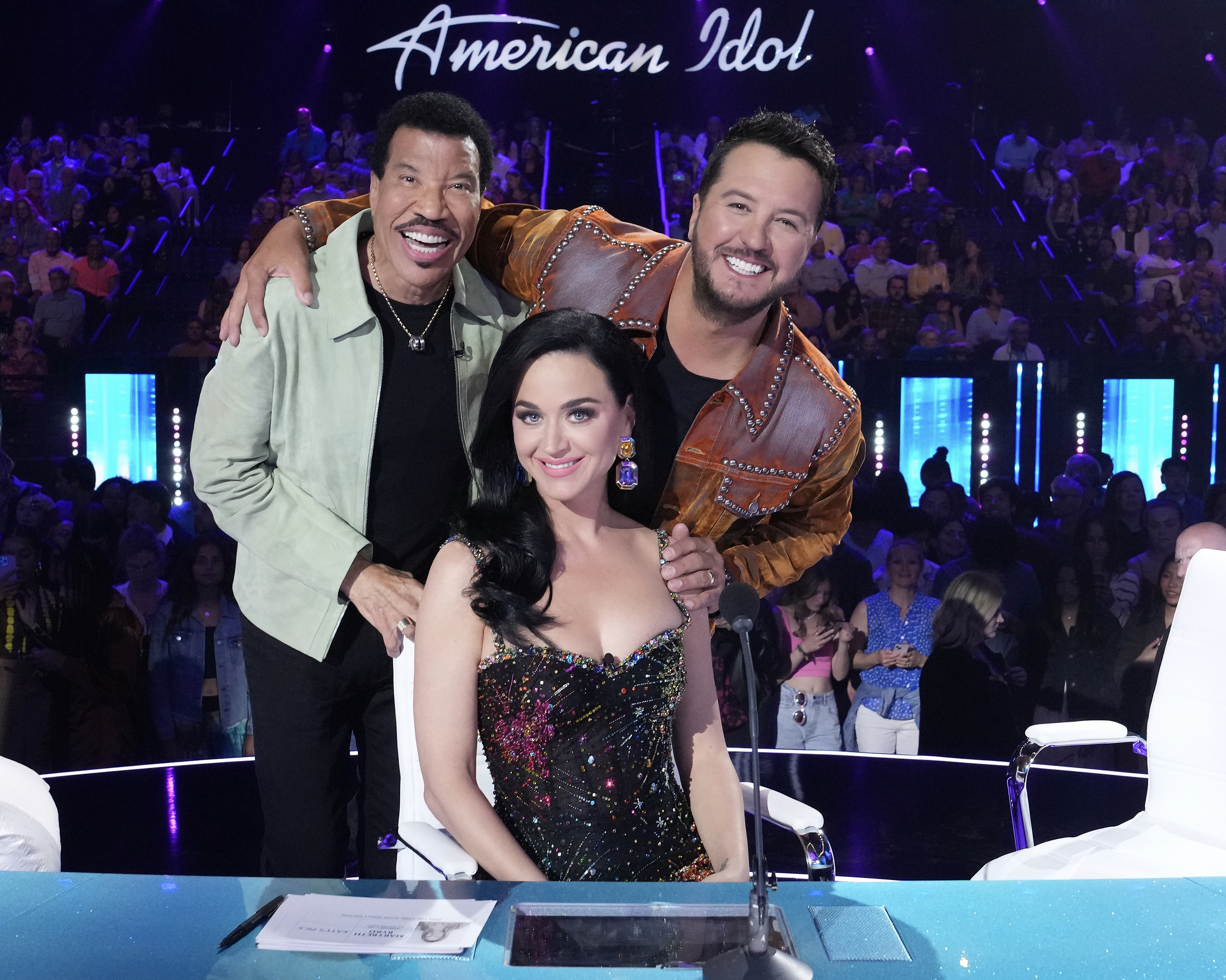 Katy pictured with fellow judges Luke Bryan and Lionel Richie on the set of American Idol
