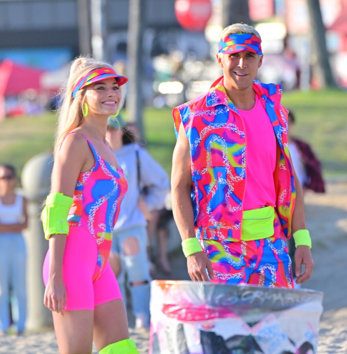 Margot Robbie and Ryan Gosling wear their Venice Beach looks on the set of "Barbie."